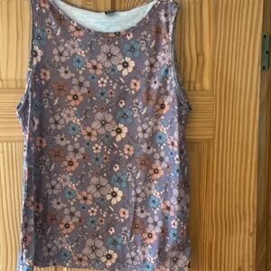 SHEIN Floral Trim White Top with Lavender and Blue Accents